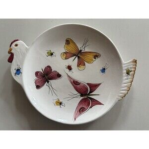 RARE Hand Painted Plate Signed Numbered ARDALT Rooster Chicken ITALY Butterfly